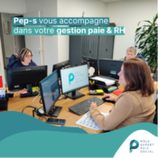 Il y a 3 femmes sur leurs ordinateurs et il y a écrit "Pep-s vous accompagne dans votre gestion paie et RH" au dessus d'elles