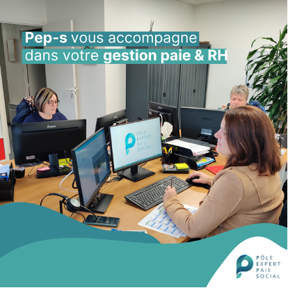 Il y a 3 femmes sur leurs ordinateurs et il y a écrit "Pep-s vous accompagne dans votre gestion paie et RH" au dessus d'elles