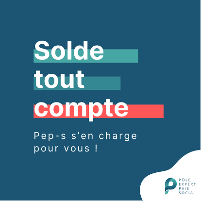 Texte blanc sur fond bleu, il y a écrit solde tout compte.