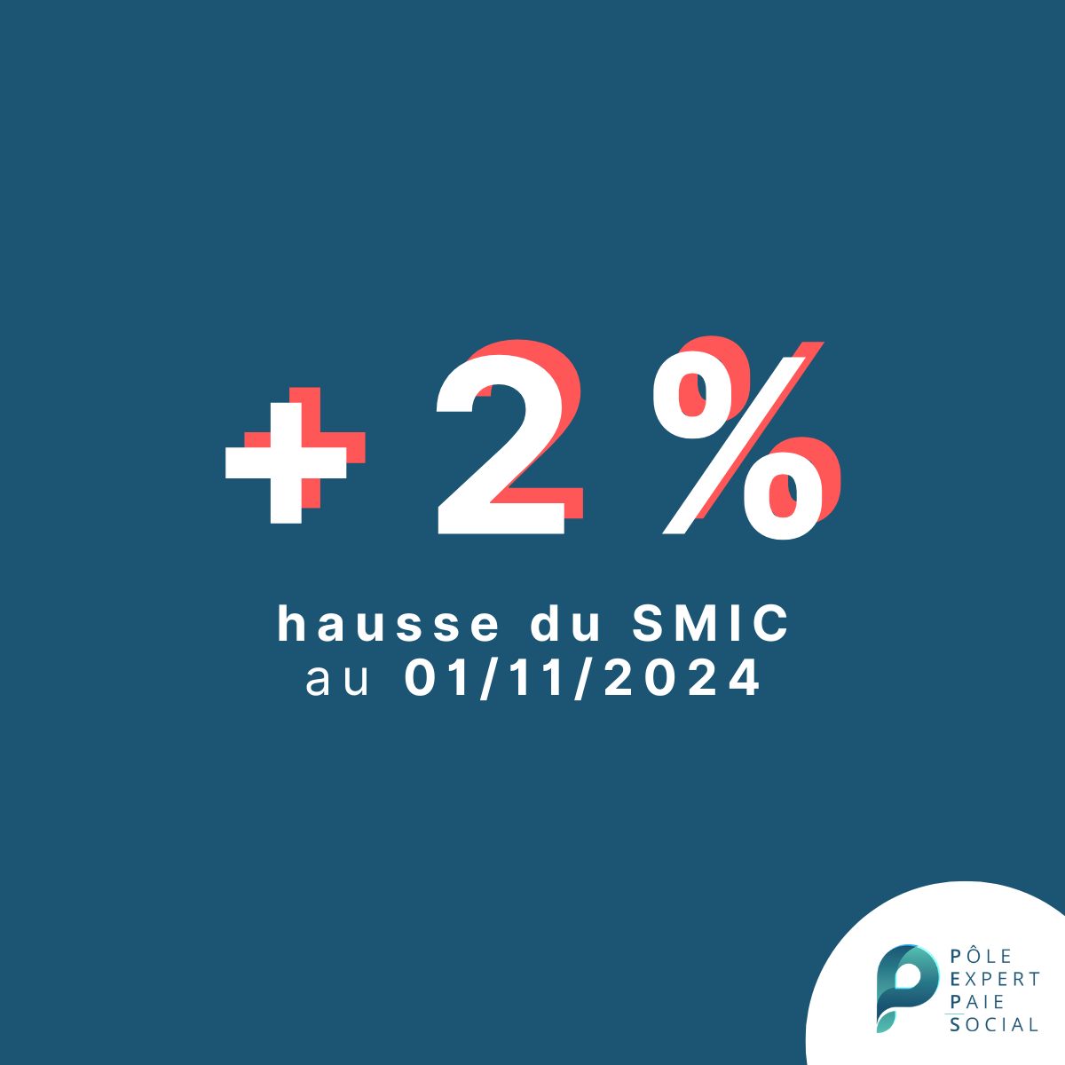 En arrière plan un fond bleu, avec écrit "+2%, hausse du smic au 01/11/2024"