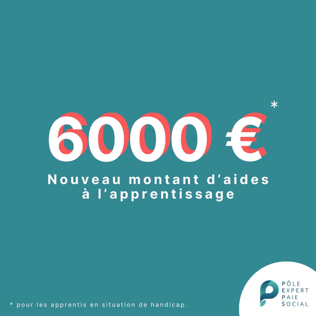 Sur un fond bleu, il y a d'écrit "6000€ : Nouveau montant d'aides à l'apprentissage".