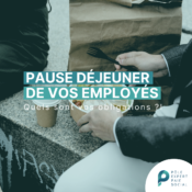 En arrière plan, un salarié qui déjeune. Il y a d'écrit "Pause déjeuner de vos employés".