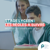 En arrière plan, un lycéen est en train d'être formé par sa patronne. Il y a d'écrit "Stage lycéen, les règles à suivre".